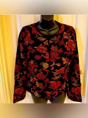100%A PERUVIAN Connection Black Knit Cardigan with Red and Brown Floral Jacquard
